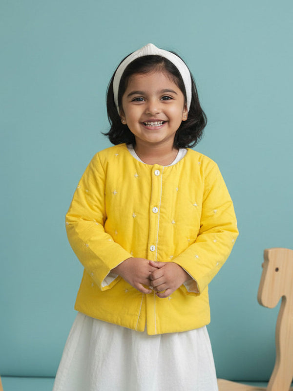 Embroidered Yellow Button Up Quilted Jacket - Starry Bright