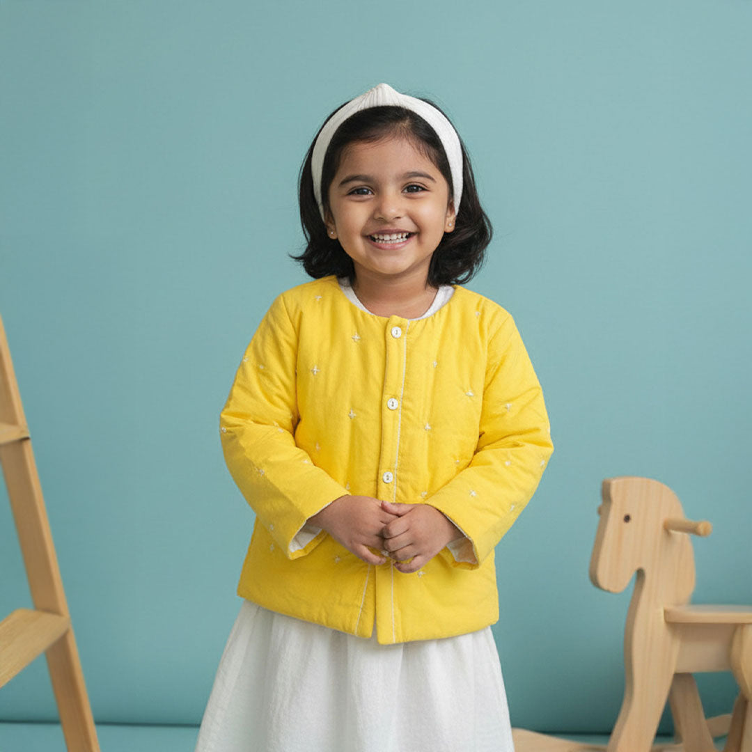 Keebee Organic Cotton Embroidered Yellow Button Up Quilted Jacket - Starry Bright