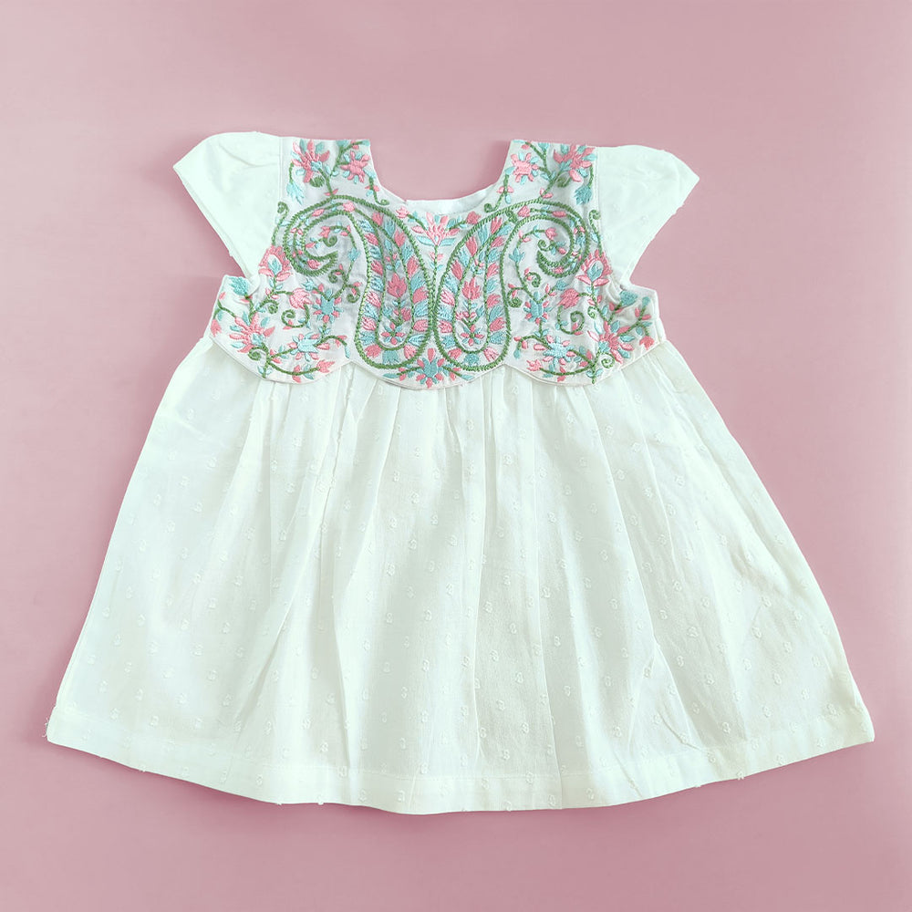 Textured Embroidered White Dress with Cap Sleeves - Paisley