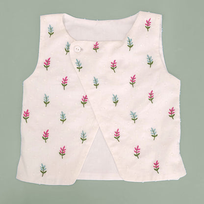 Floral Embroidered Jacket Kurta and White Pajama Pants Set - Hot Pink