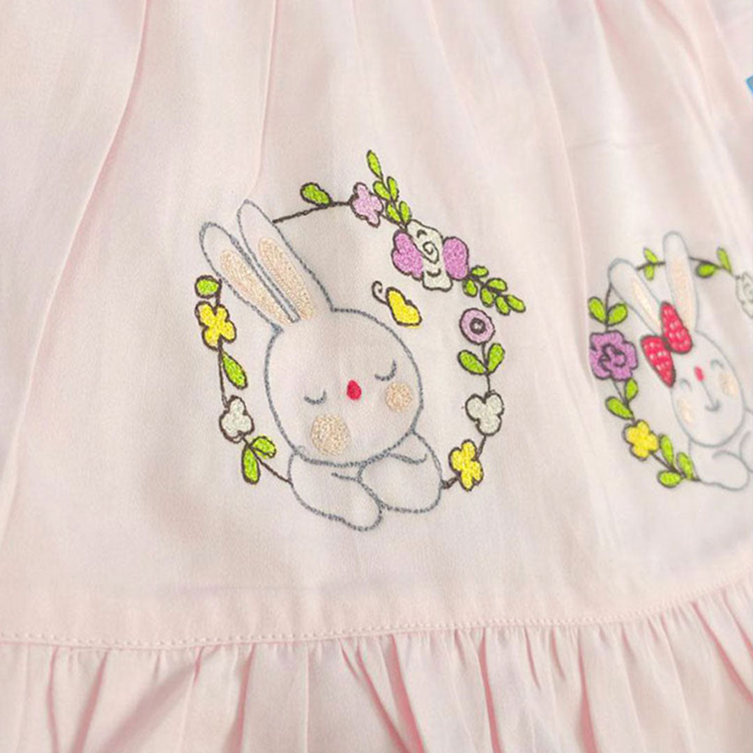 Keebee Organic Cotton Baby Pink Embroidered Girls Jabla / Wrap Dress - Rabbits