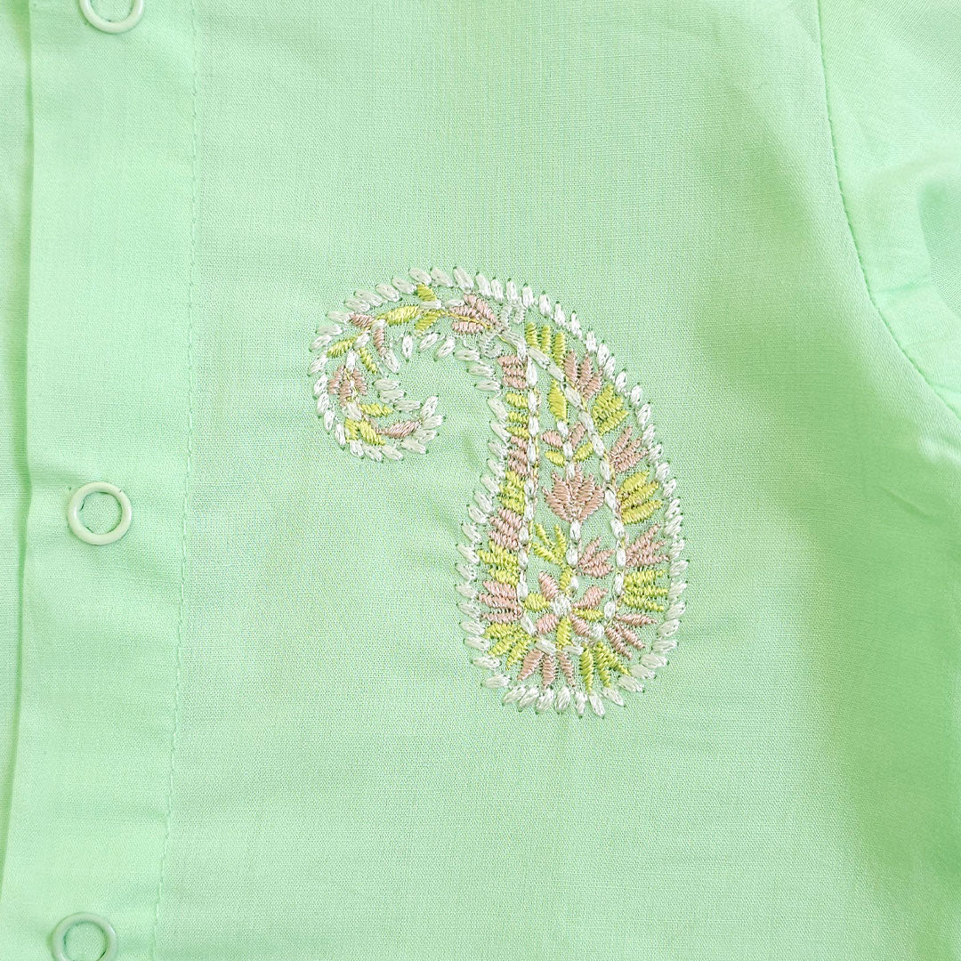 Keebee Organic Cotton Embroidered Mint Green Newborn Kurta & Diaper Pant Set – Paisley