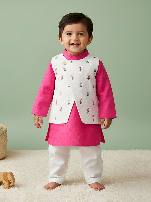 Boys Floral Embroidered Jacket Kurta and White Pajama Pants Set - Hot Pink