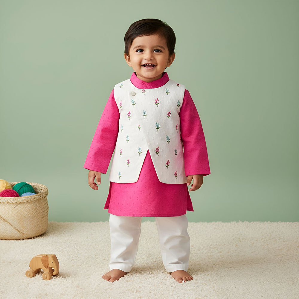 Boys Floral Embroidered Jacket Kurta and White Pajama Pants Set - Hot Pink