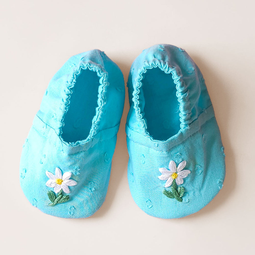 Baby Girl Embroidered Turquoise Blue Shoes - White Flowers