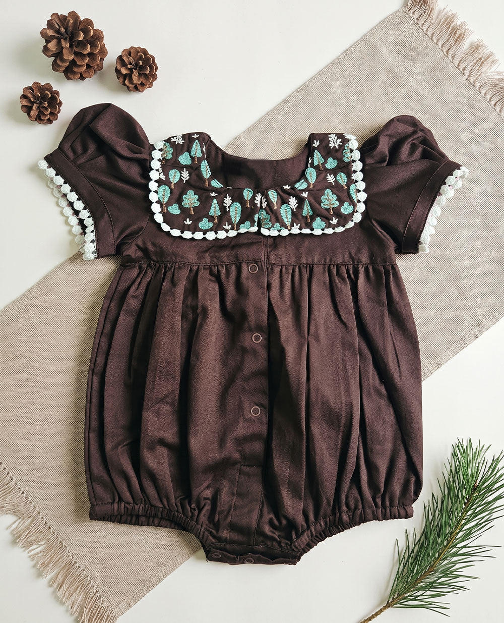 Baby Girl Embroidered Choco Brown Romper with Puffed Sleeves - Pine Trees
