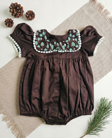 Baby Girl Embroidered Choco Brown Romper with Puffed Sleeves - Pine Trees