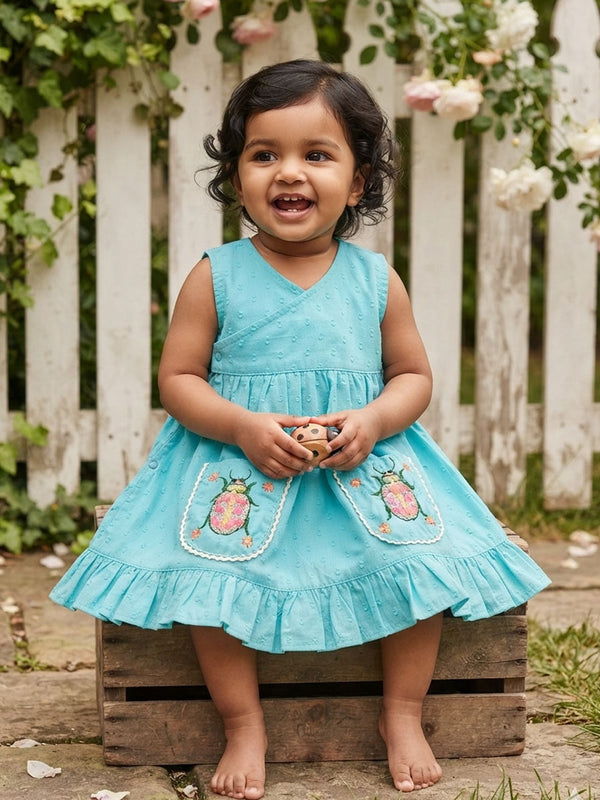 Baby Girl Embroidered Turquoise Blue Wrap Dress - Bug In My Pocket