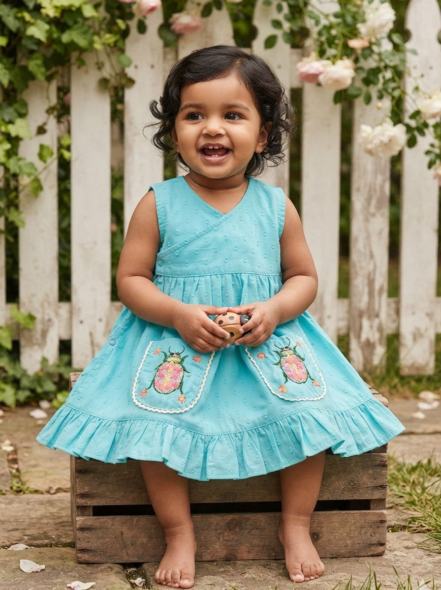 Baby Girl Embroidered Turquoise Blue Wrap Dress - Bug In My Pocket