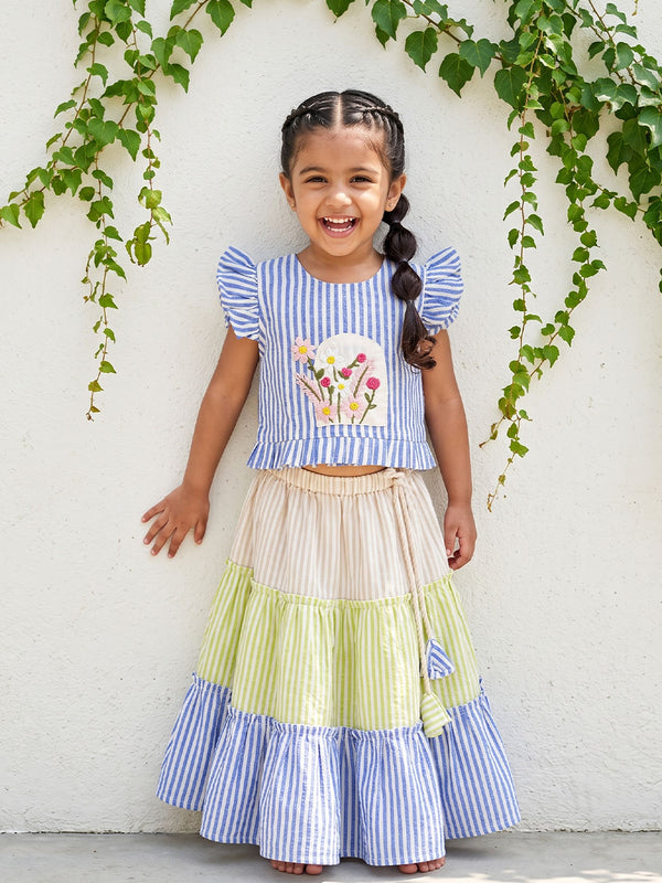 Girls Hand Embroidered Multicolor Lehenga & Choli Set with Stripes - Bloom in Window