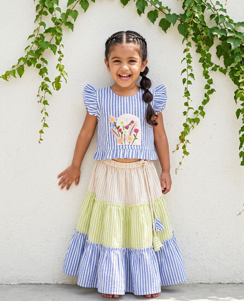 Girls Hand Embroidered Multicolor Lehenga & Choli Set with Stripes - Bloom in Window