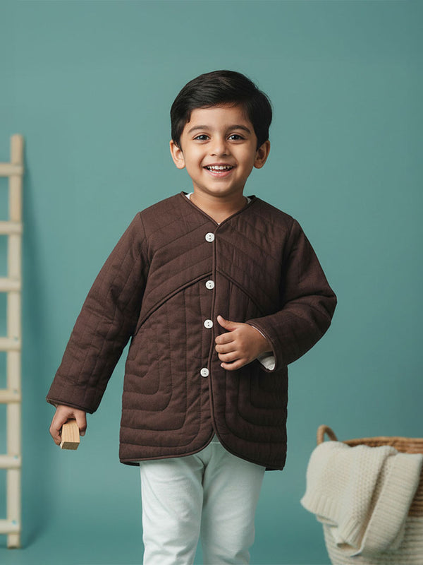 Patchwork Choco Brown Button Up Quilted Jacket