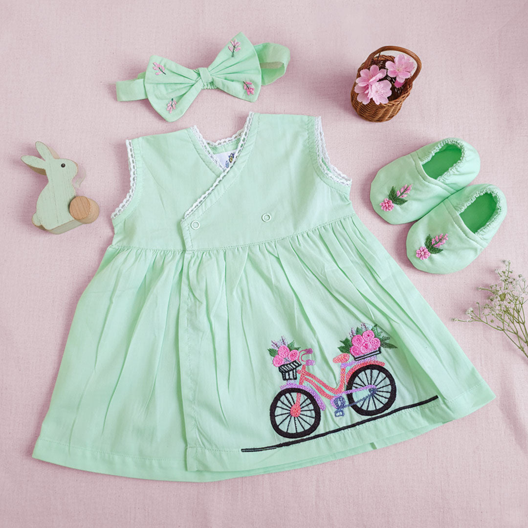 Keebee Organic Cotton Embroidered Mint Green Overlap Dress and Accessories  Set - Bicycle Ride | Baby Kids Clothing India