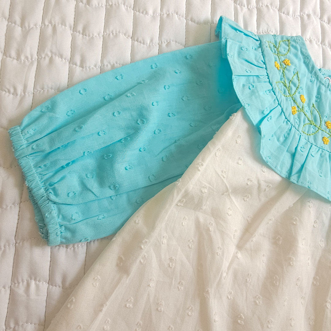 Keebee Organic Cotton Embroidered Girls Blue and White Puffed Sleeve Dress - Garland of Flowers