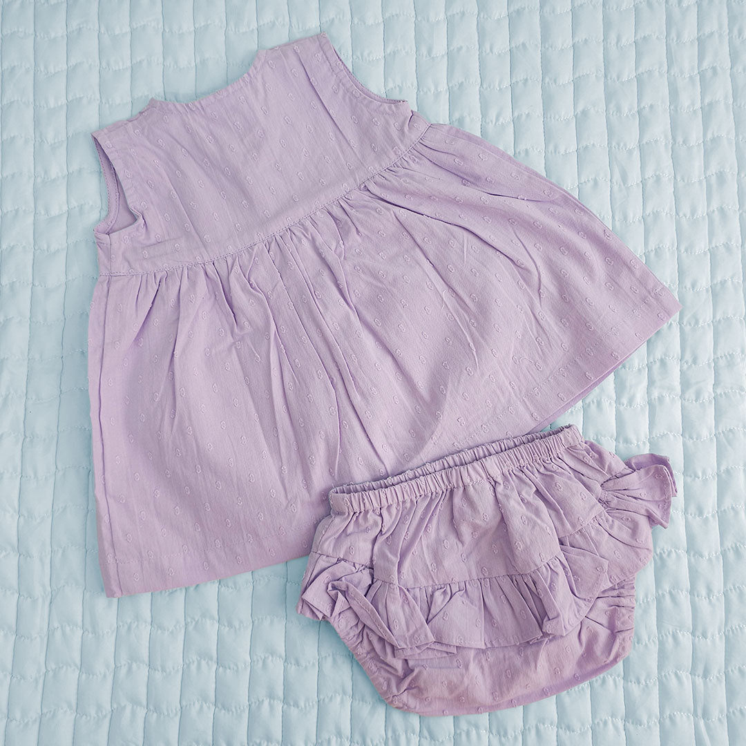 Keebee Organic Cotton Embroidered Baby Girl Lilac Button Up Dress and Bloomer Set - Pockets