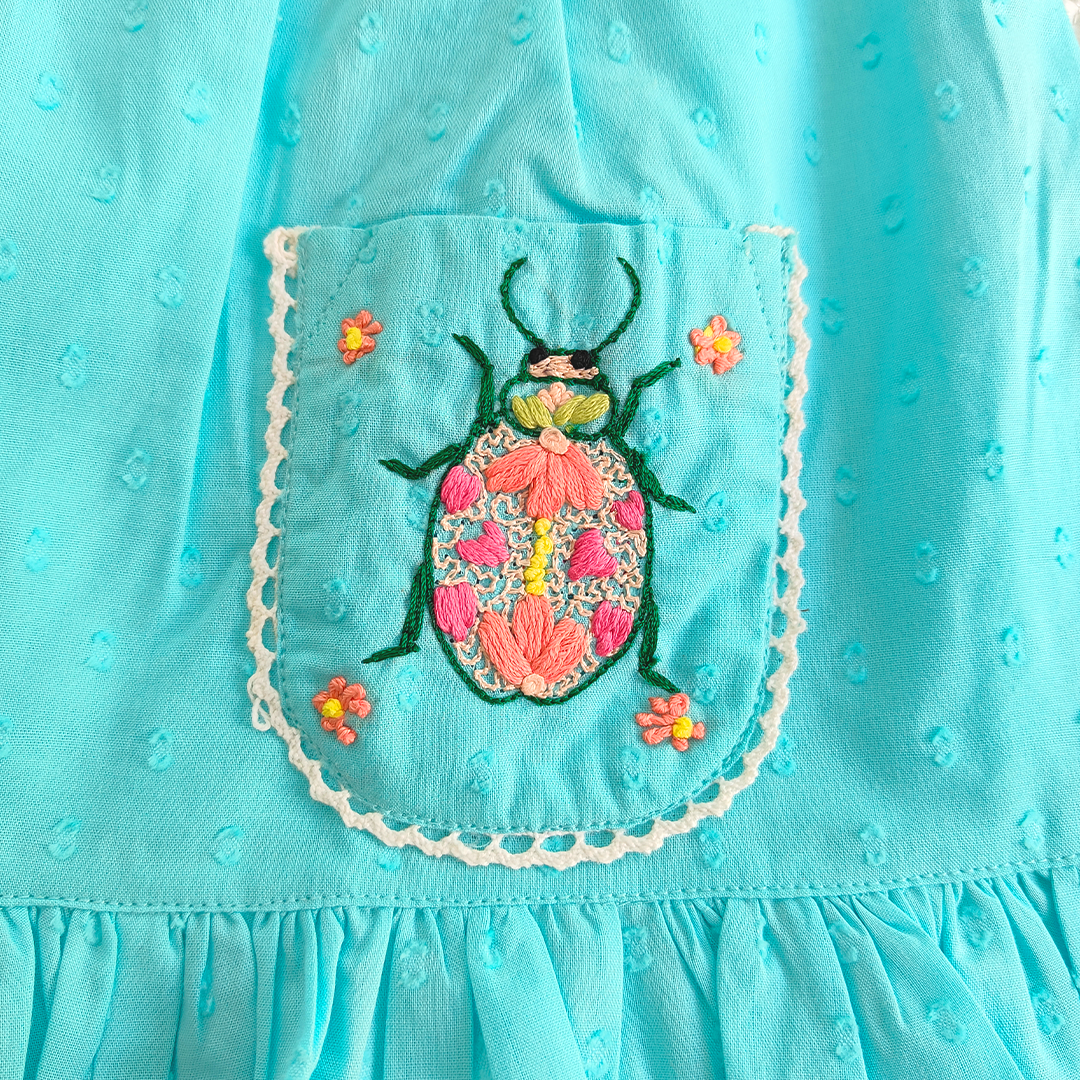 Keebee Organic Cotton Baby Girl Embroidered Turquoise Blue Wrap Dress and Accessories Set - Bug In My Pocket