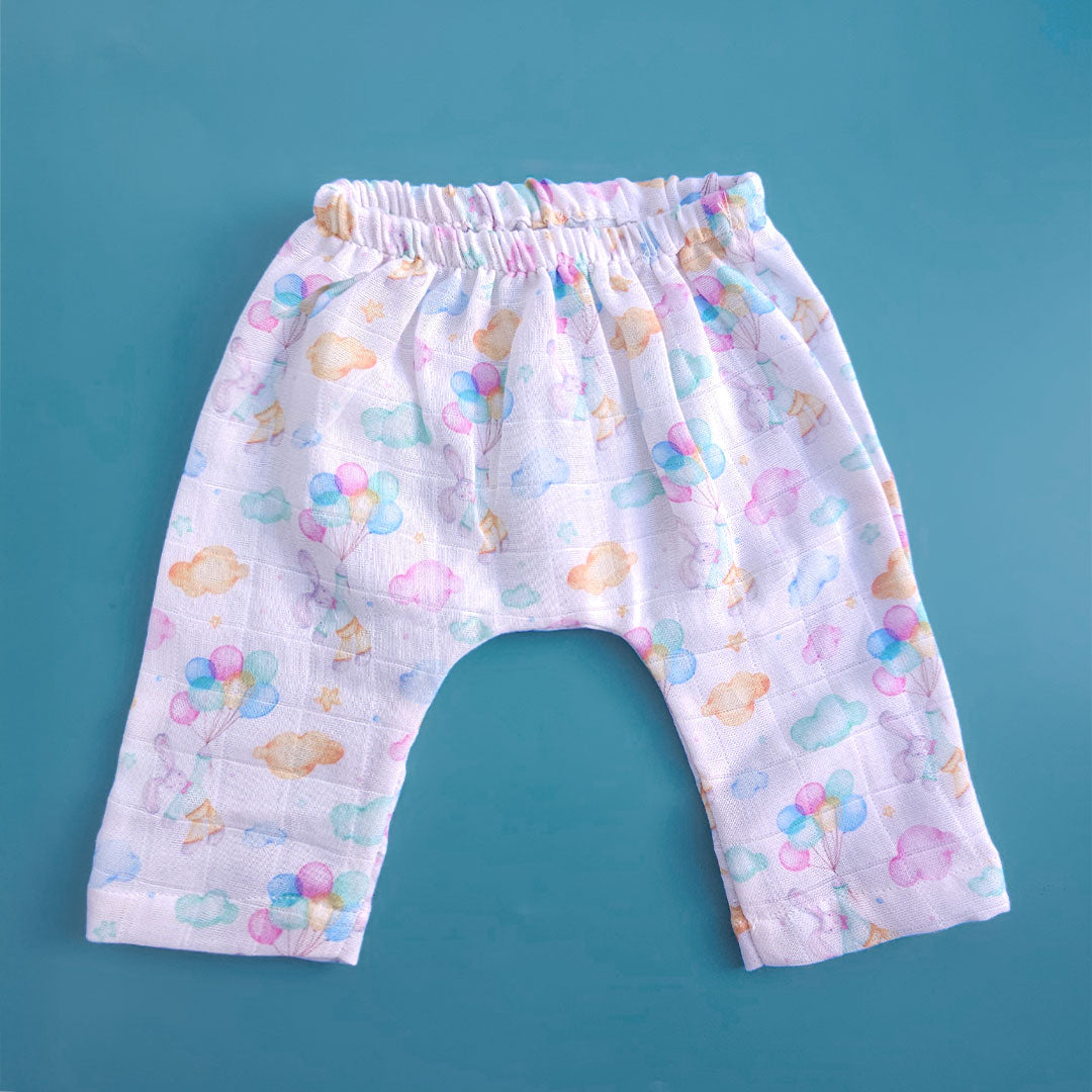 Keebee Organic Cotton Muslin Printed White Jabla, Diaper Pants and Accessories Set - Bunny with Balloons