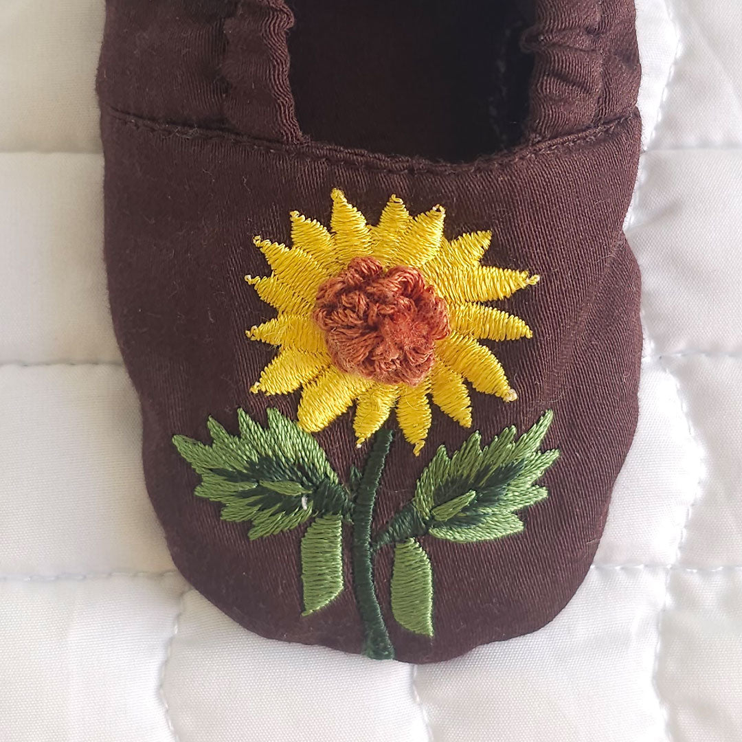Keebee Organic Cotton Choco Brown Embroidered Baby Shoes - Sunflowers