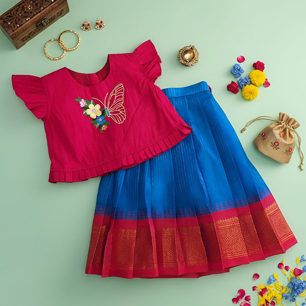 Girls Handloom Raw Silk Embroidered Pink and Royal Blue Choli Lehenga Set - Butterfly