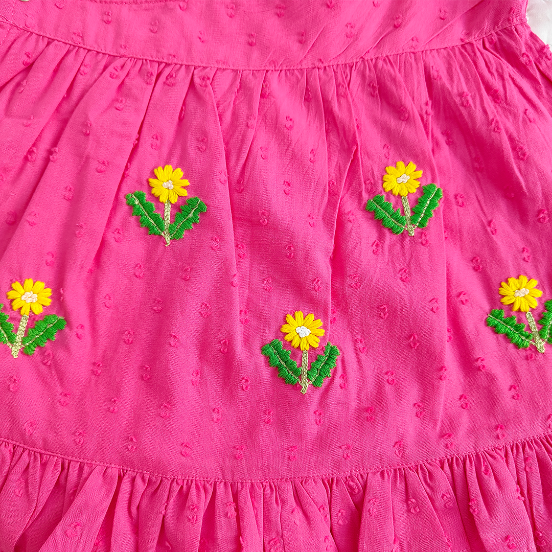 Keebee Organic Cotton Baby Girl Embroidered Hot Pink Wrap Dress and Accessories Set - Yellow Bloom