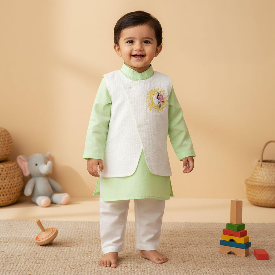 Keebee Organic Cotton Sun Embroidered Jacket Kurta and White Pajama Pants Set - Mint Green