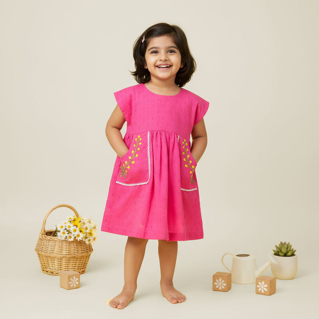 Keebee Organic Cotton Embroidered Girls Hot Pink Pocket Dress - Yellow Flowers