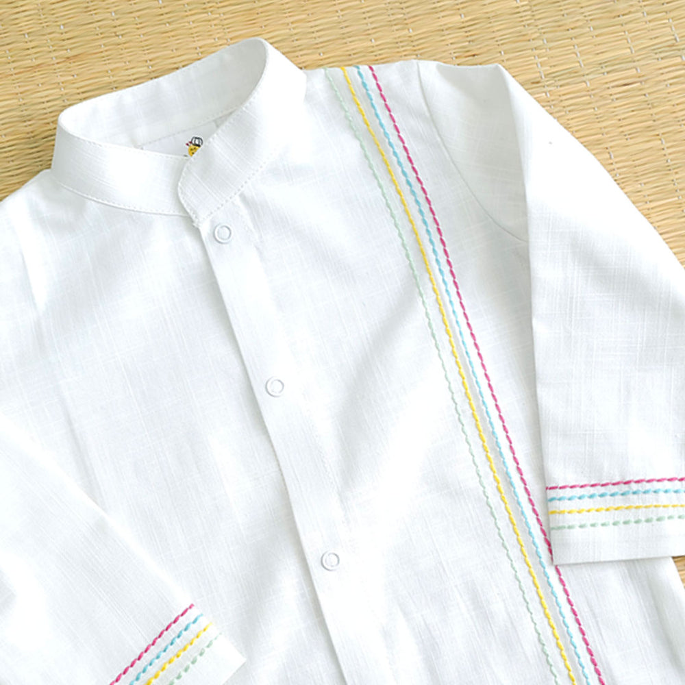 Baby Boy Embroidered White Kurta paired with Green Patiala Pants - Stripes