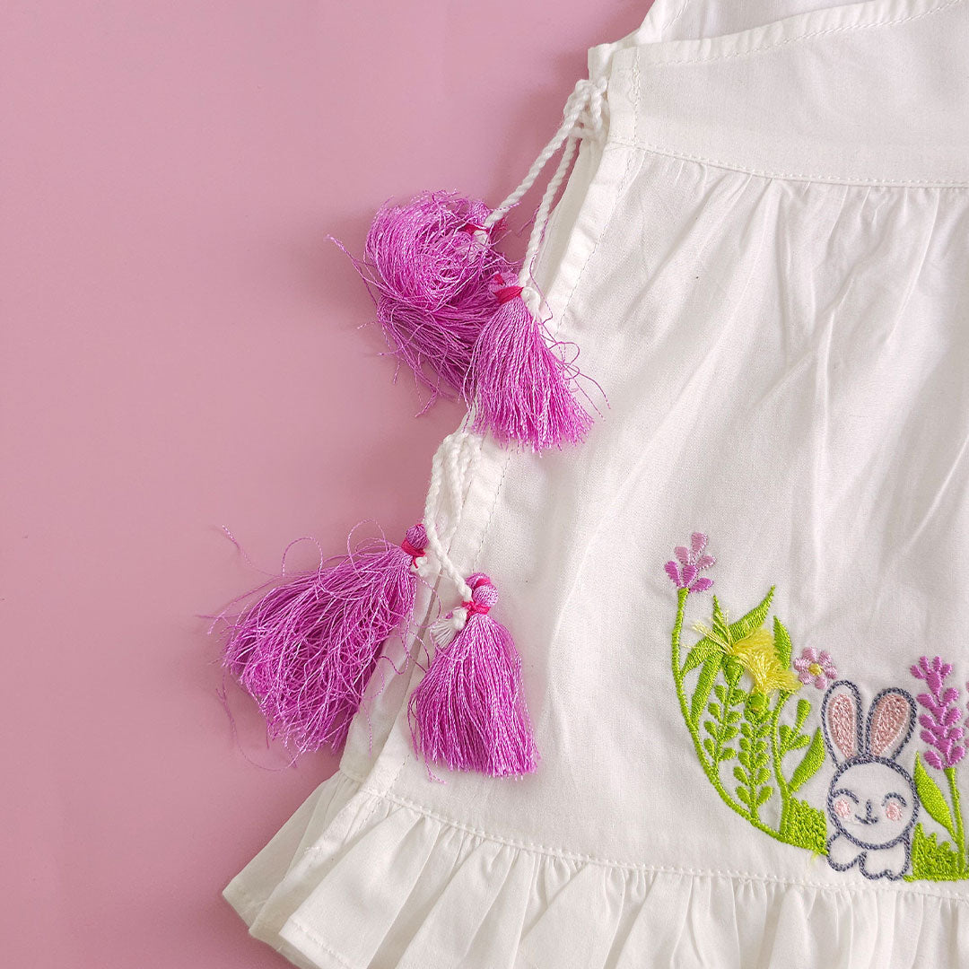 Keebee Organic Cotton Baby Girl Embroidered White Dress and Accessories Set - Rabbit