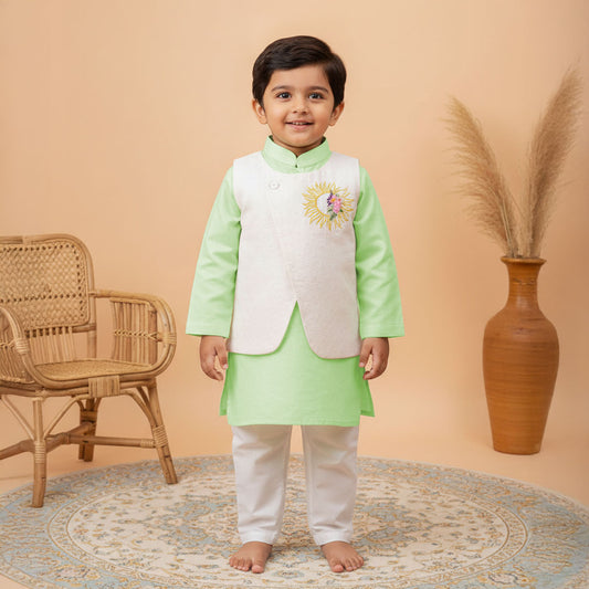 Keebee Organic Cotton Sun Embroidered Jacket Kurta and White Pajama Pants Set - Mint Green