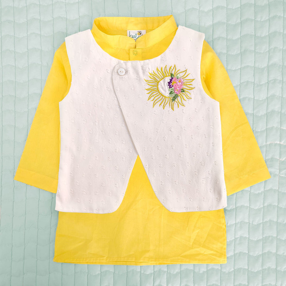 Boys Sun Embroidered Jacket Kurta and White Pajama Pants Set - Yellow