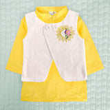 Boys Sun Embroidered Jacket Kurta and White Pajama Pants Set - Yellow