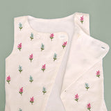 Boys Floral Embroidered Jacket Kurta and White Pajama Pants Set - Turquoise Blue