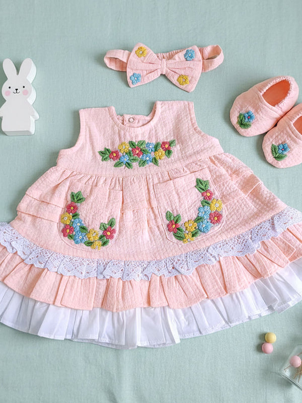 Embroidered Peach Dress and Accessories Set - Peony