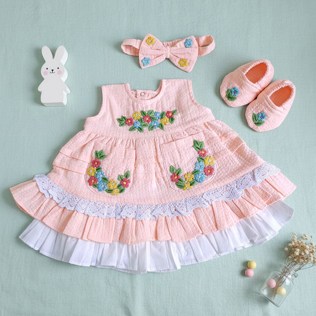 Keebee Organic Cotton Baby Girl Embroidered Peach Dress and Accessories Set - Peony