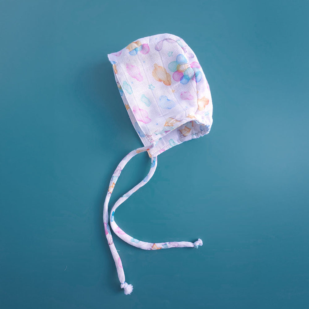 Muslin Printed White Baby Bonnet - Bunny with Balloons