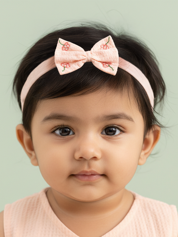 Girls Embroidered Sweet Peach Classic Bow Headband - Poppy Field