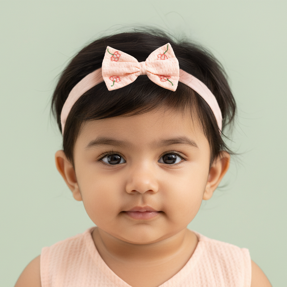 Girls Embroidered Sweet Peach Classic Bow Headband - Poppy Field