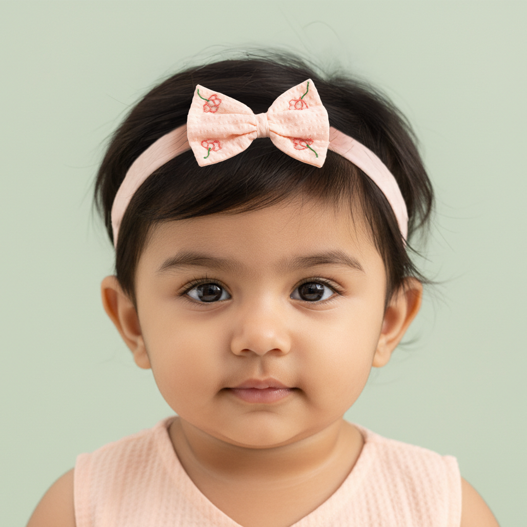 Girls Embroidered Sweet Peach Classic Bow Headband - Poppy Field