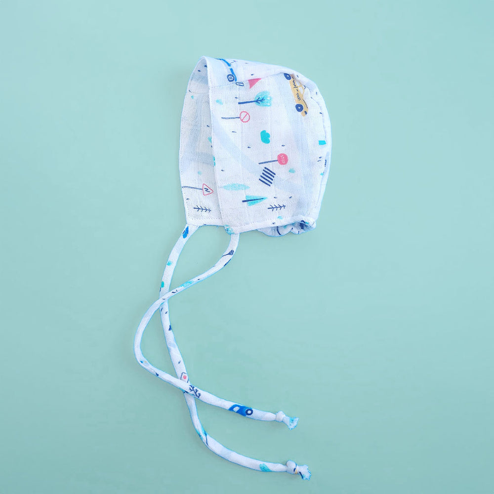 Muslin Printed White Baby Bonnet - Tiny Town