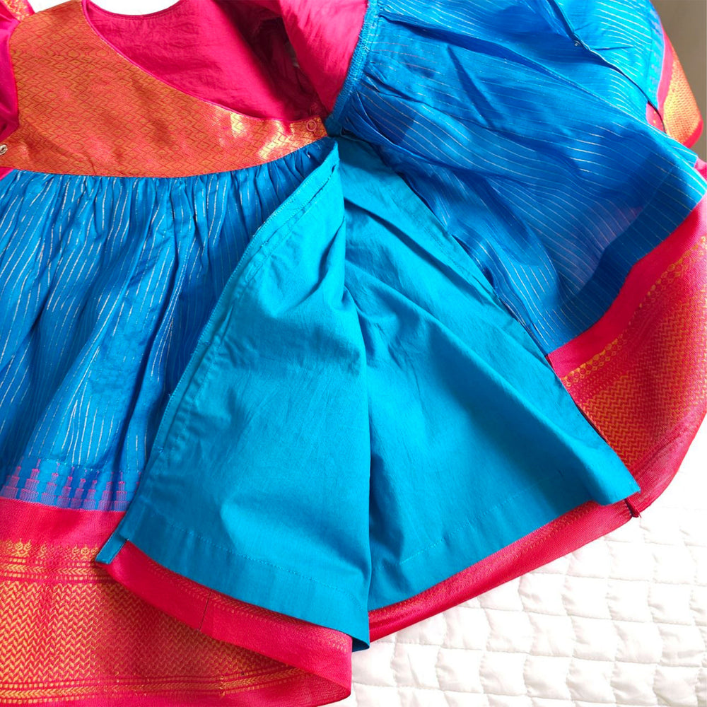 Baby Girl Handloom Raw Silk Ethnic Maxi Dress and Accessories Set - Pink and Blue