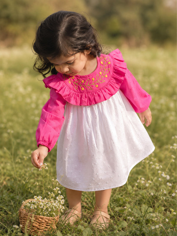 Girls Embroidered Hot Pink and White Puffed Sleeve Dress - Garland of Flowers
