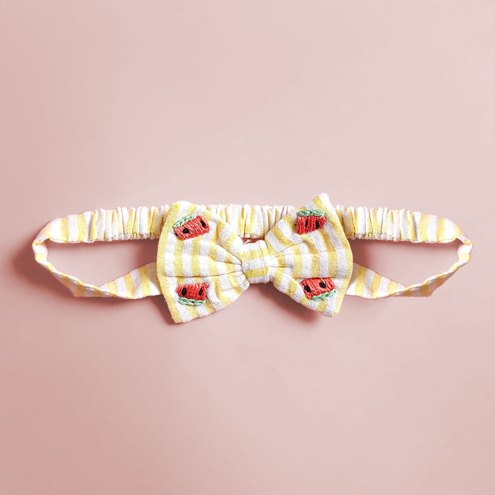 Girls Embroidered Yellow and White Classic Bow Headband - Sweet Watermelons