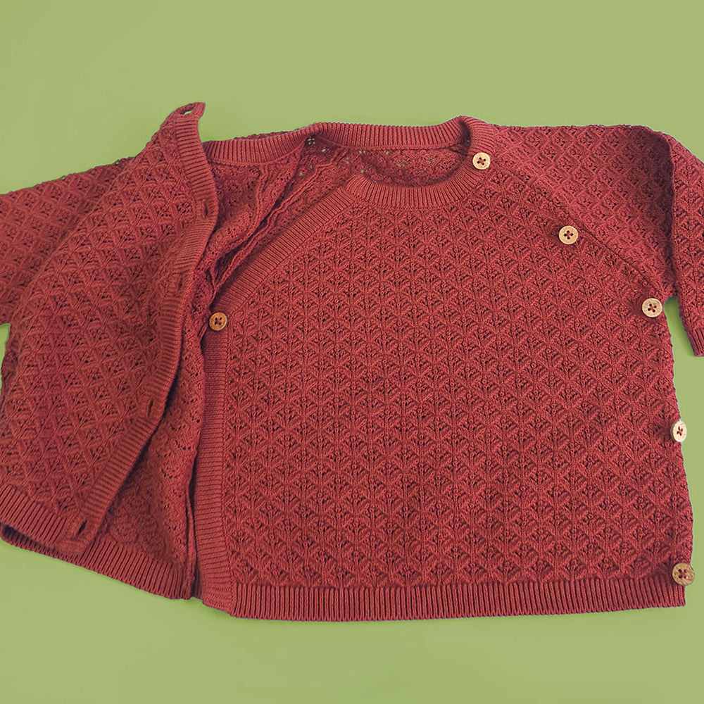 Coffee Brown Hand Embroidered Wrap Style Double Layer Sweater - Floral Hug