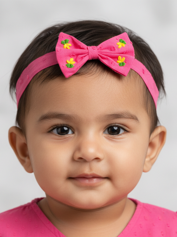Girls Embroidered Hot Pink Classic Bow Headband - Yellow Bloom