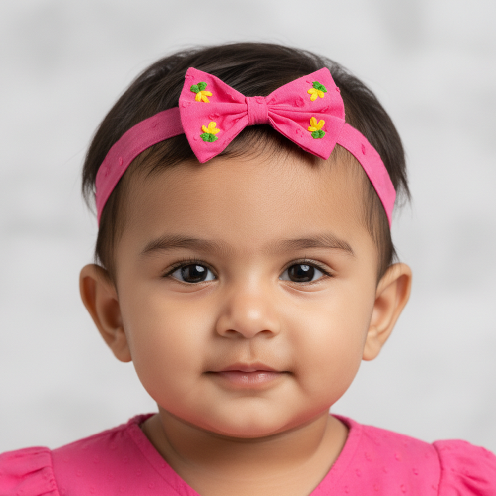 Girls Embroidered Hot Pink Classic Bow Headband - Yellow Bloom