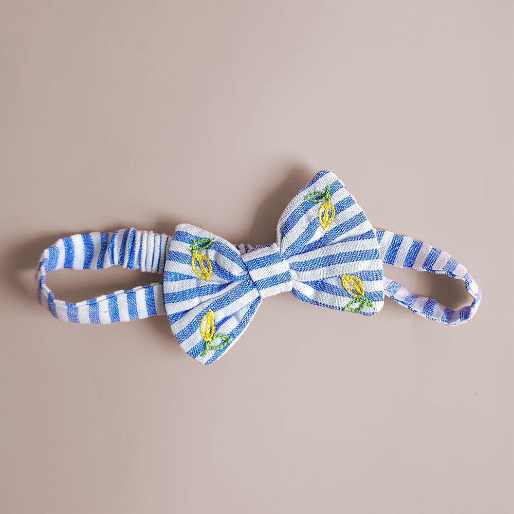 Baby Girl Embroidered Blue and White Wrap Dress and Accessories Set - Lemons and Leaves