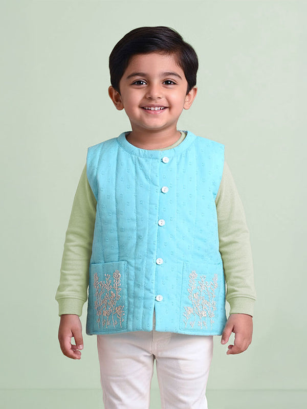 Embroidered Turquoise Blue Quilted Vest with Pockets - Frosty Plants