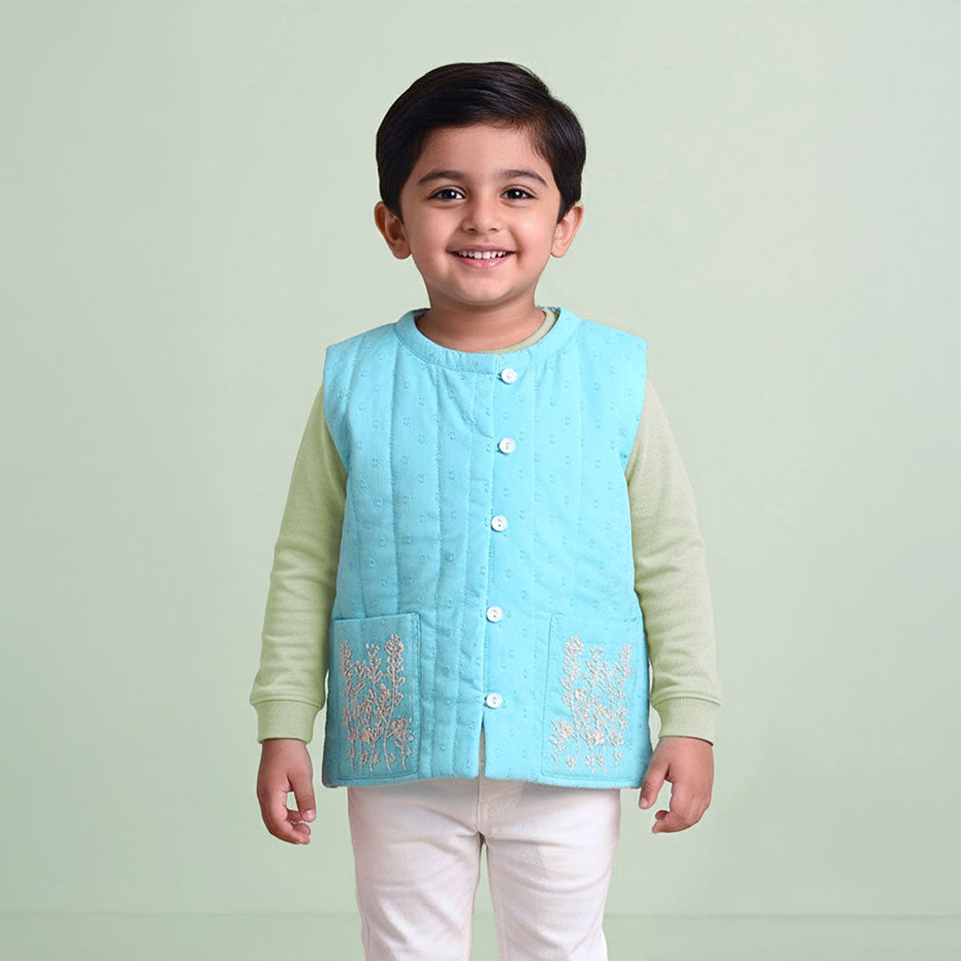 Embroidered Turquoise Blue Quilted Vest with Pockets - Frosty Plants