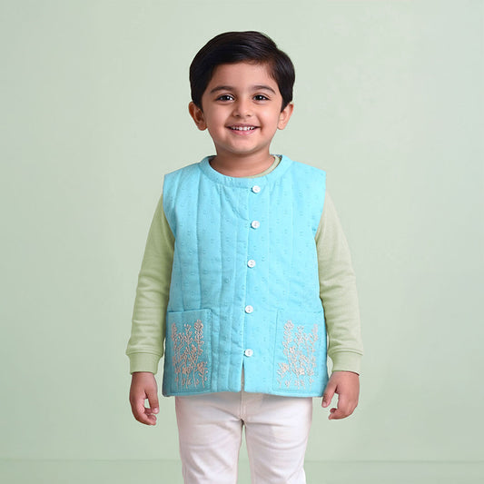 Keebee Organic Cotton Embroidered Turquoise Blue Quilted Vest with Pockets - Frosty Plants
