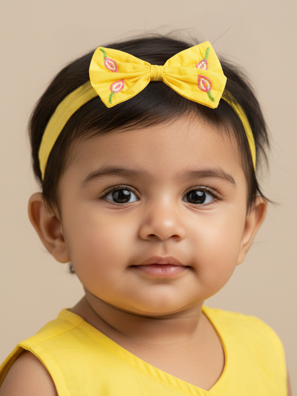 Girls Embroidered Yellow Classic Bow Headband - Lotus Pond